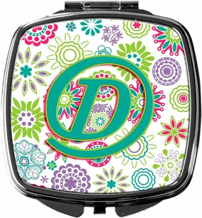 Caroline's Treasures CJ2011-DSCM Letter D Flowers Pink Teal Green Initial Compact Mirror Decorative Travel Makeup Mirror for Women Girls Gifts Pocket Makeup Mirror Folding Handheld