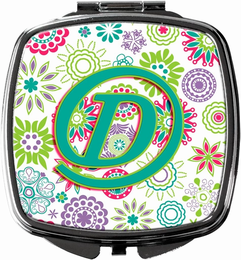 Caroline's Treasures CJ2011-DSCM Letter D Flowers Pink Teal Green Initial Compact Mirror Decorative Travel Makeup Mirror for Women Girls Gifts Pocket Makeup Mirror Folding Handheld