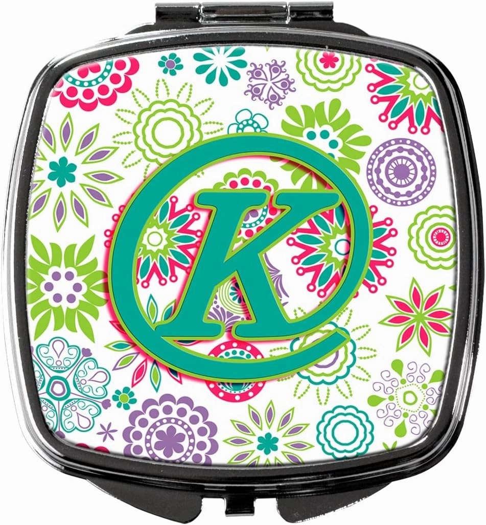 Caroline's Treasures CJ2011-KSCM Letter K Flowers Pink Teal Green Initial Compact Mirror Decorative Travel Makeup Mirror for Women Girls Gifts Pocket Makeup Mirror Folding Handheld