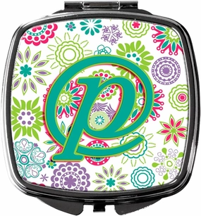 Caroline's Treasures CJ2011-PSCM Letter P Flowers Pink Teal Green Initial Compact Mirror Decorative Travel Makeup Mirror for Women Girls Gifts Pocket Makeup Mirror Folding Handheld