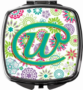 Caroline's Treasures CJ2011-WSCM Letter W Flowers Pink Teal Green Initial Compact Mirror Decorative Travel Makeup Mirror for Women Girls Gifts Pocket Makeup Mirror Folding Handheld