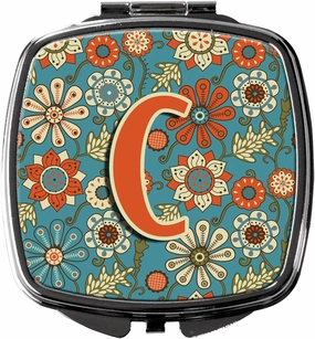 Caroline's Treasures CJ2012-CSCM Letter C Flowers Retro Blue Compact Mirror Decorative Travel Makeup Mirror for Women Girls Gifts Pocket Makeup Mirror Folding Handheld