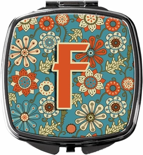 Caroline's Treasures CJ2012-FSCM Letter F Flowers Retro Blue Compact Mirror Decorative Travel Makeup Mirror for Women Girls Gifts Pocket Makeup Mirror Folding Handheld