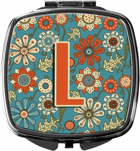 Caroline's Treasures CJ2012-LSCM Letter L Flowers Retro Blue Compact Mirror Decorative Travel Makeup Mirror for Women Girls Gifts Pocket Makeup Mirror Folding Handheld