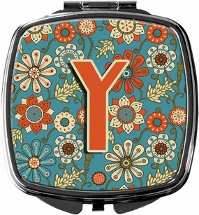 Caroline's Treasures CJ2012-YSCM Letter Y Flowers Retro Blue Compact Mirror Decorative Travel Makeup Mirror for Women Girls Gifts Pocket Makeup Mirror Folding Handheld