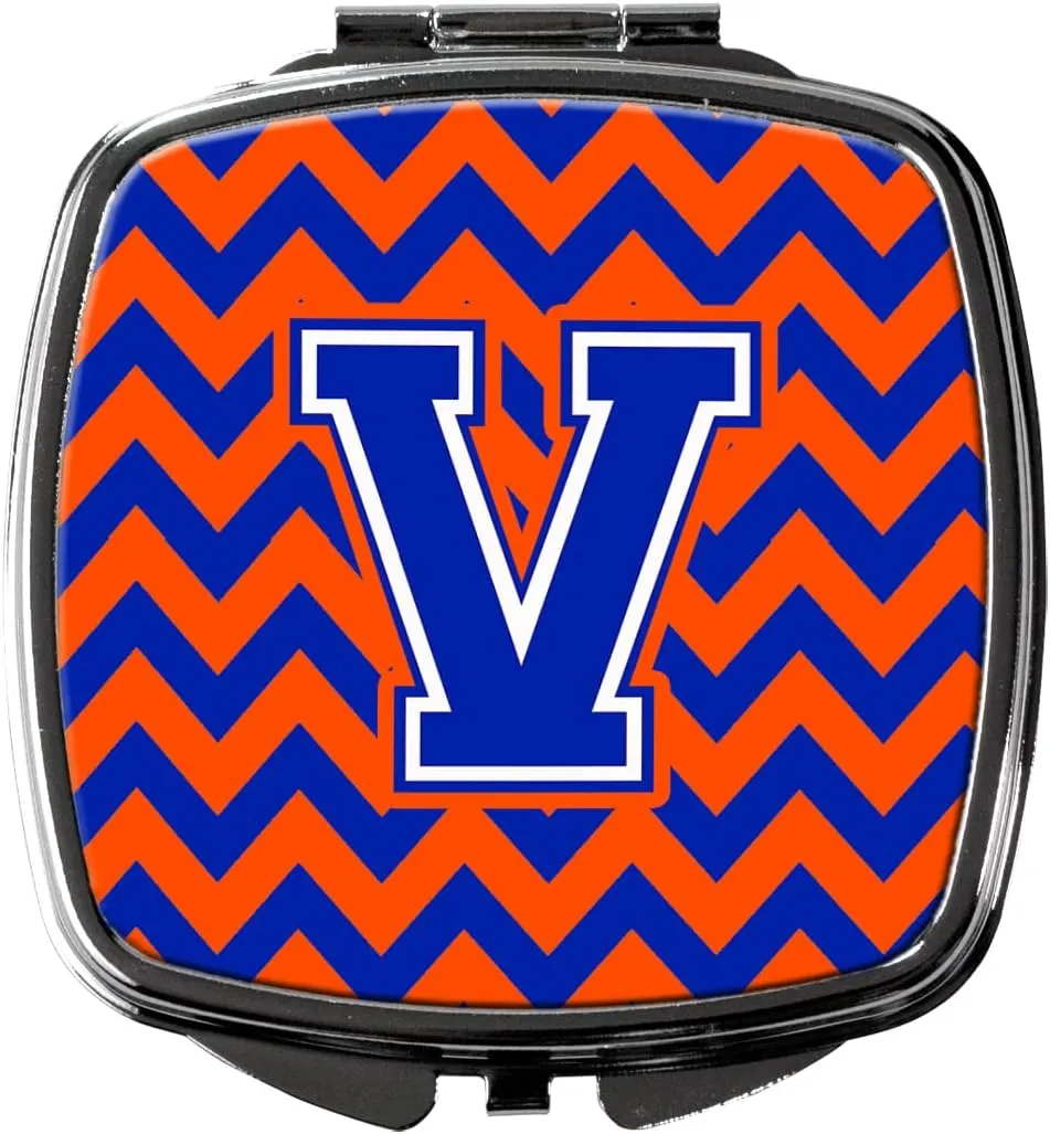 Caroline's Treasures CJ1044-VSCM Letter V Chevron Orange and Blue Compact Mirror Decorative Travel Makeup Mirror for Women Girls Gifts Pocket Makeup Mirror Folding Handheld