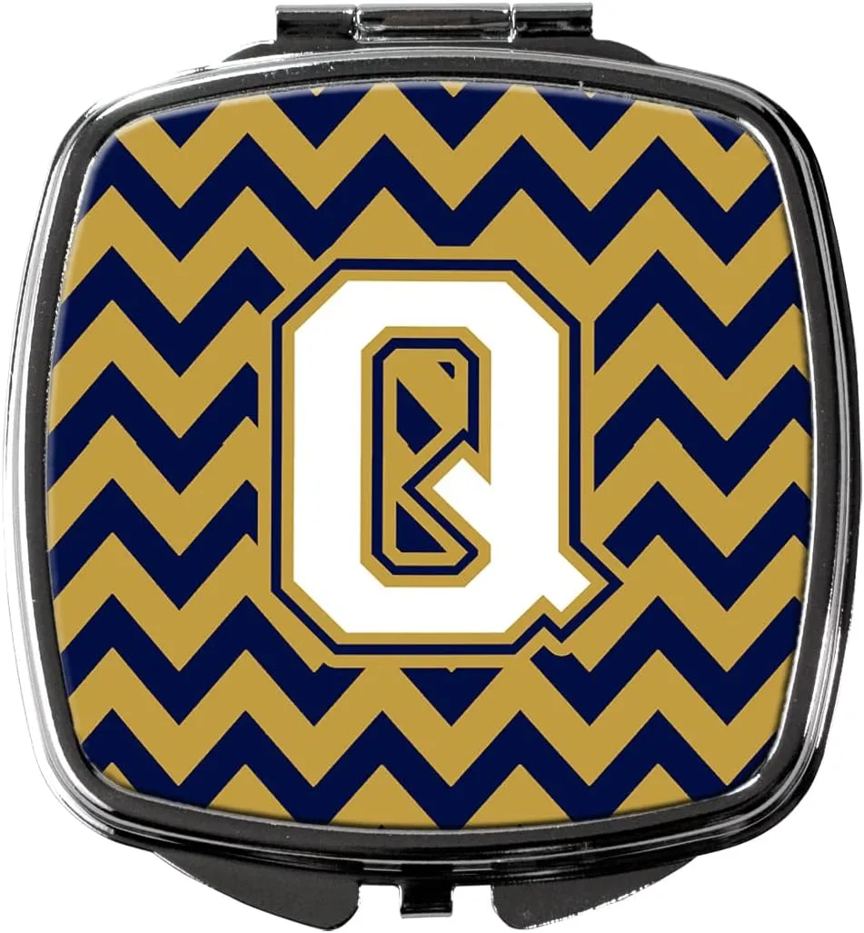 Caroline's Treasures CJ1057-QSCM Letter Q Chevron Navy Blue and Gold Compact Mirror Decorative Travel Makeup Mirror for Women Girls Gifts Pocket Makeup Mirror Folding Handheld