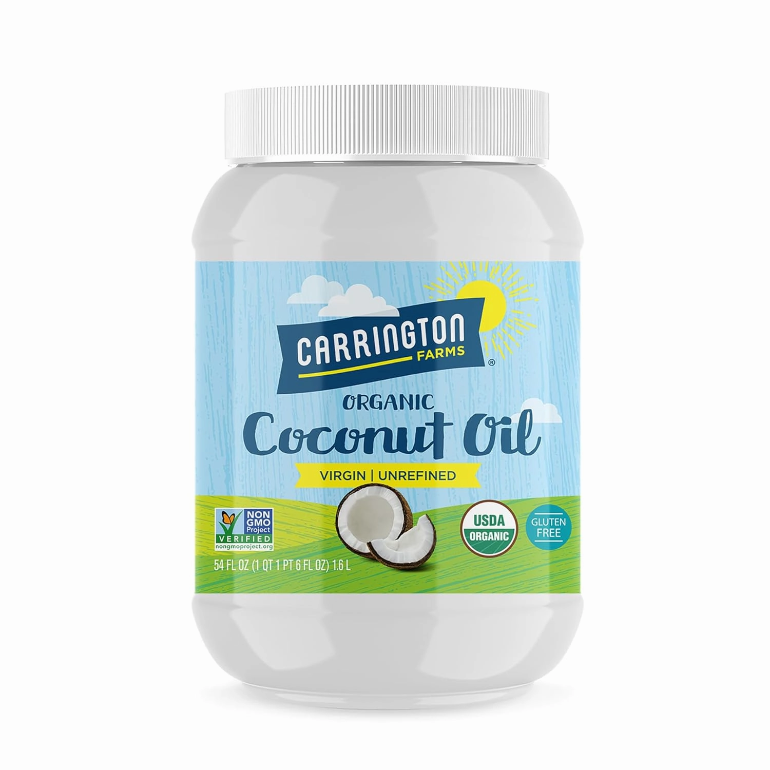 Carrington Farms Organic Unrefined Coconut Oil, Cold-Pressed, Non-GMO, Gluten-Free, Perfect for Cooking, Baking, Skin Care, Hair Oil, MCTs, 54 fl oz – Nutrient-Rich, No Trans Fats