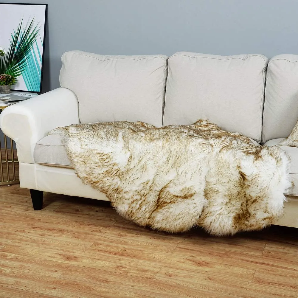 Carvapet 2 Pieces Luxury Soft Faux Sheepskin Chair Cover Seat Cushion Pad Plush Fur Area Rugs for Bedroom, 2ft x 3ft, White with Brown Tips