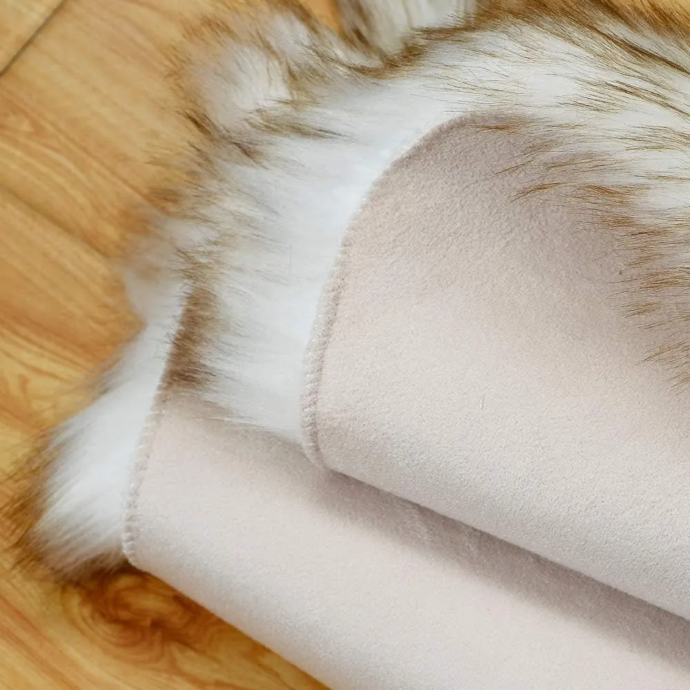 Carvapet 2 Pieces Luxury Soft Faux Sheepskin Chair Cover Seat Cushion Pad Plush Fur Area Rugs for Bedroom, 2ft x 3ft, White with Brown Tips