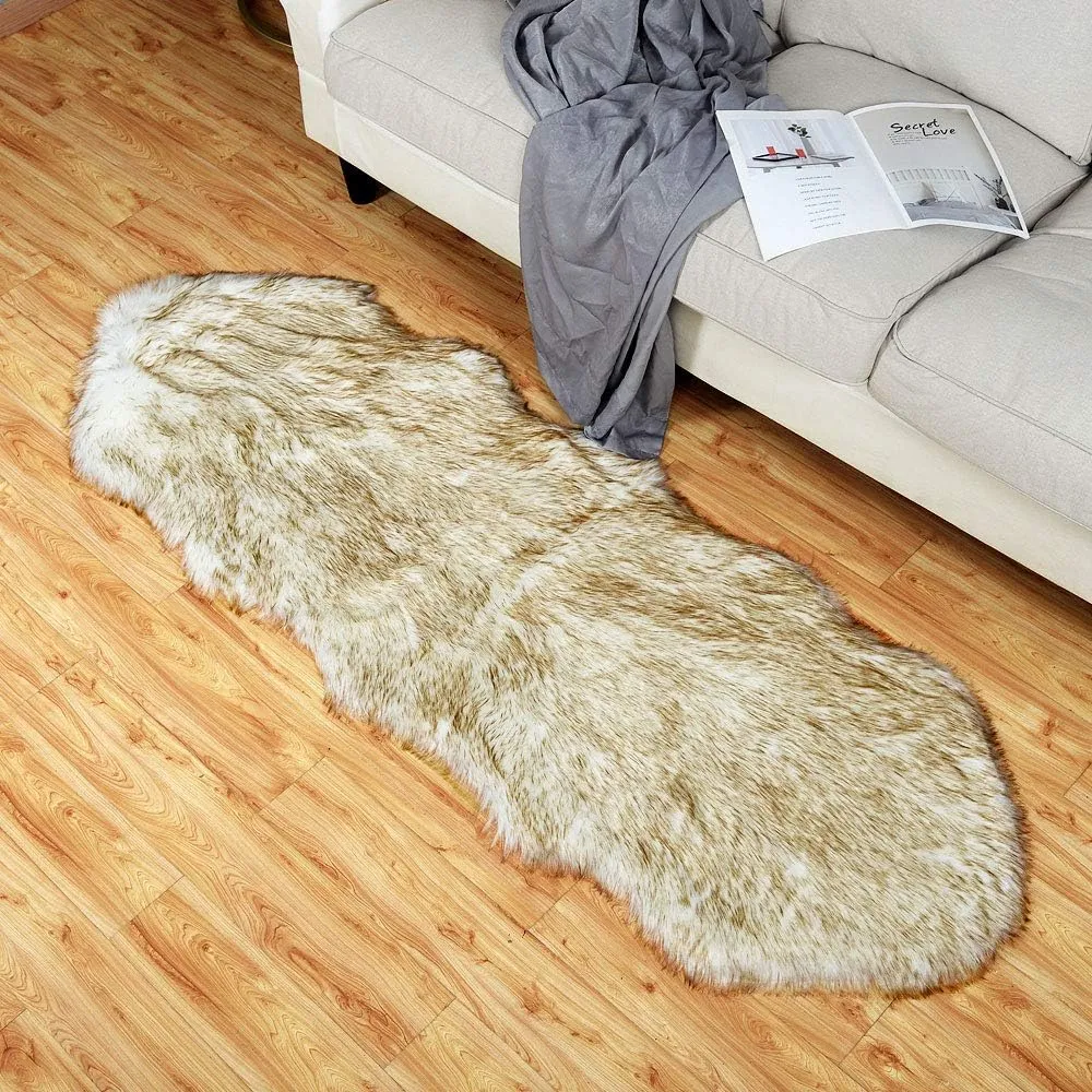 Carvapet Luxury Soft Faux Sheepskin Chair Cover Seat Cushion Pad Plush Fur Area Rugs for Bedroom, 2x6 ft, White with Brown Tips