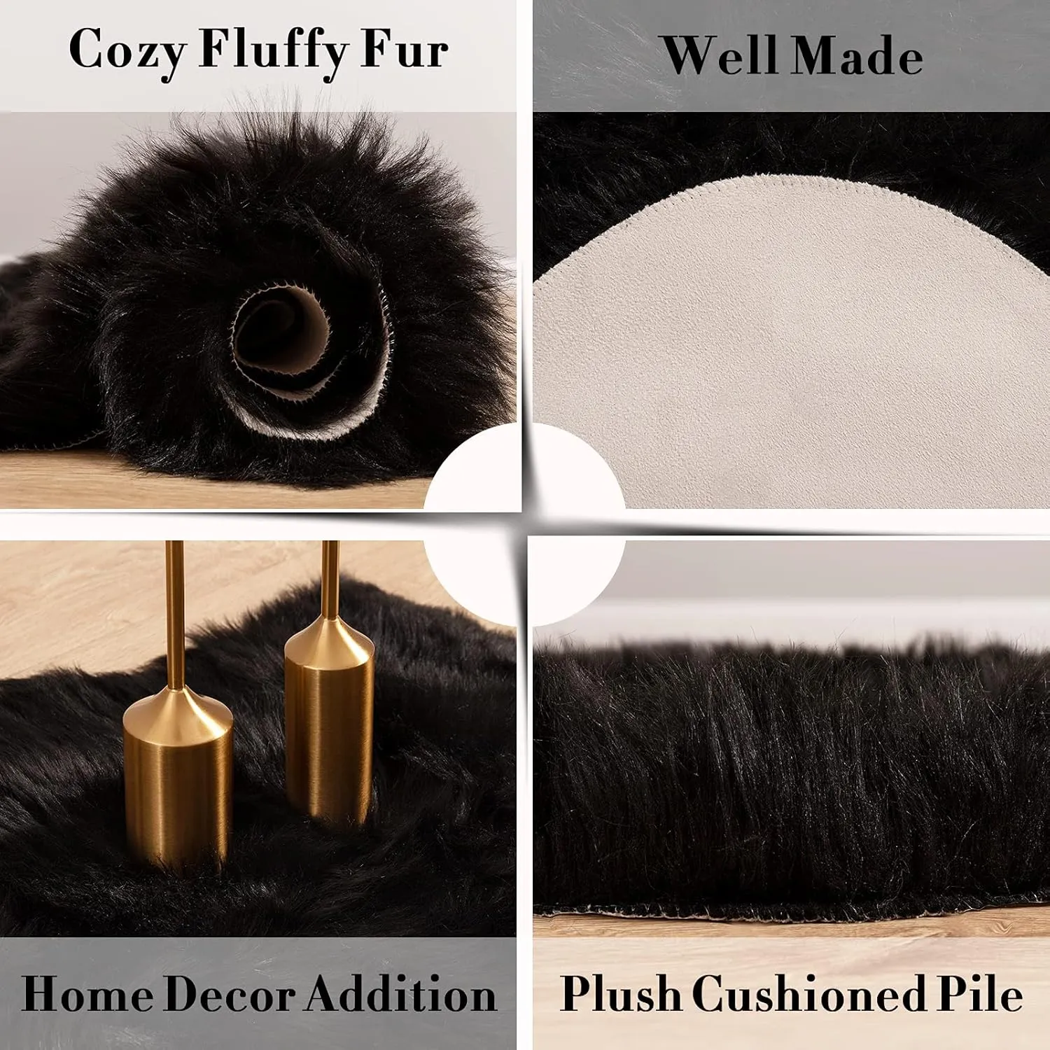 Carvapet Luxury Soft Faux Sheepskin Chair Cover Seat Pad Plush Fur Area Rugs for Bedroom, 2ft x 3ft, Black