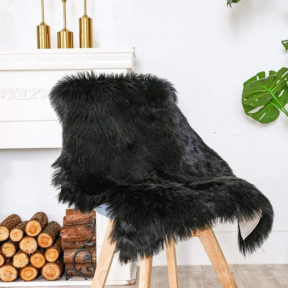 Carvapet Luxury Soft Faux Sheepskin Chair Cover Seat Pad Plush Fur Area Rugs for Bedroom, 2ft x 3ft, Black