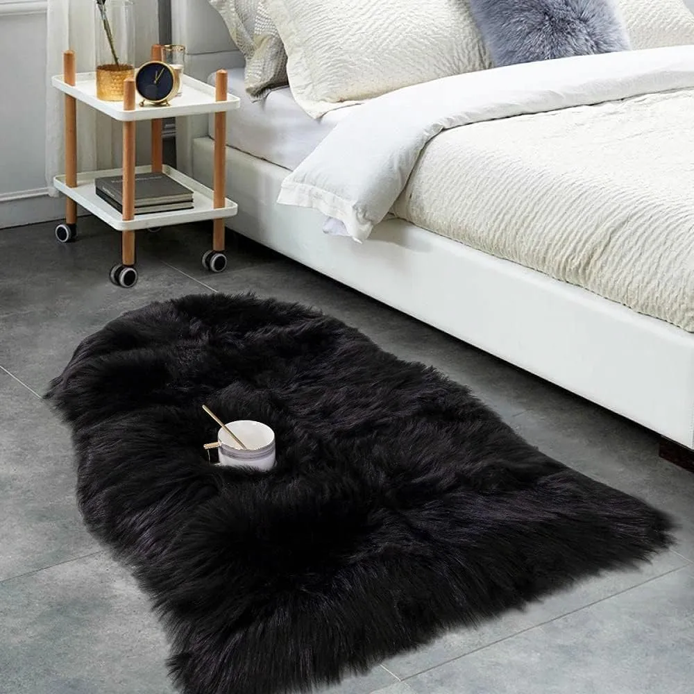 Carvapet Luxury Soft Faux Sheepskin Chair Cover Seat Pad Plush Fur Area Rugs for Bedroom, 2ft x 3ft, Black