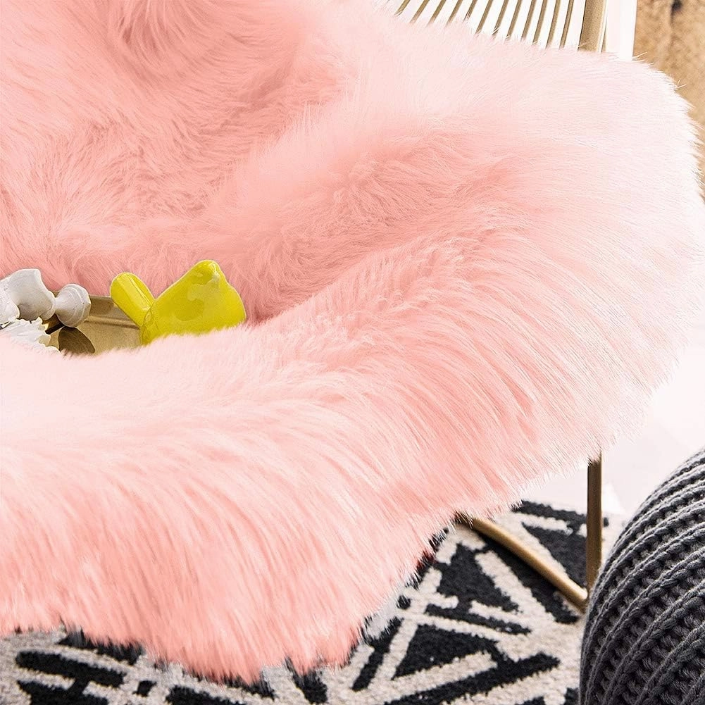 Carvapet Luxury Soft Faux Sheepskin Chair Cover Seat Cushion Pad Plush Fur Area Rugs for Bedroom, 2ft x 3ft, Pink…