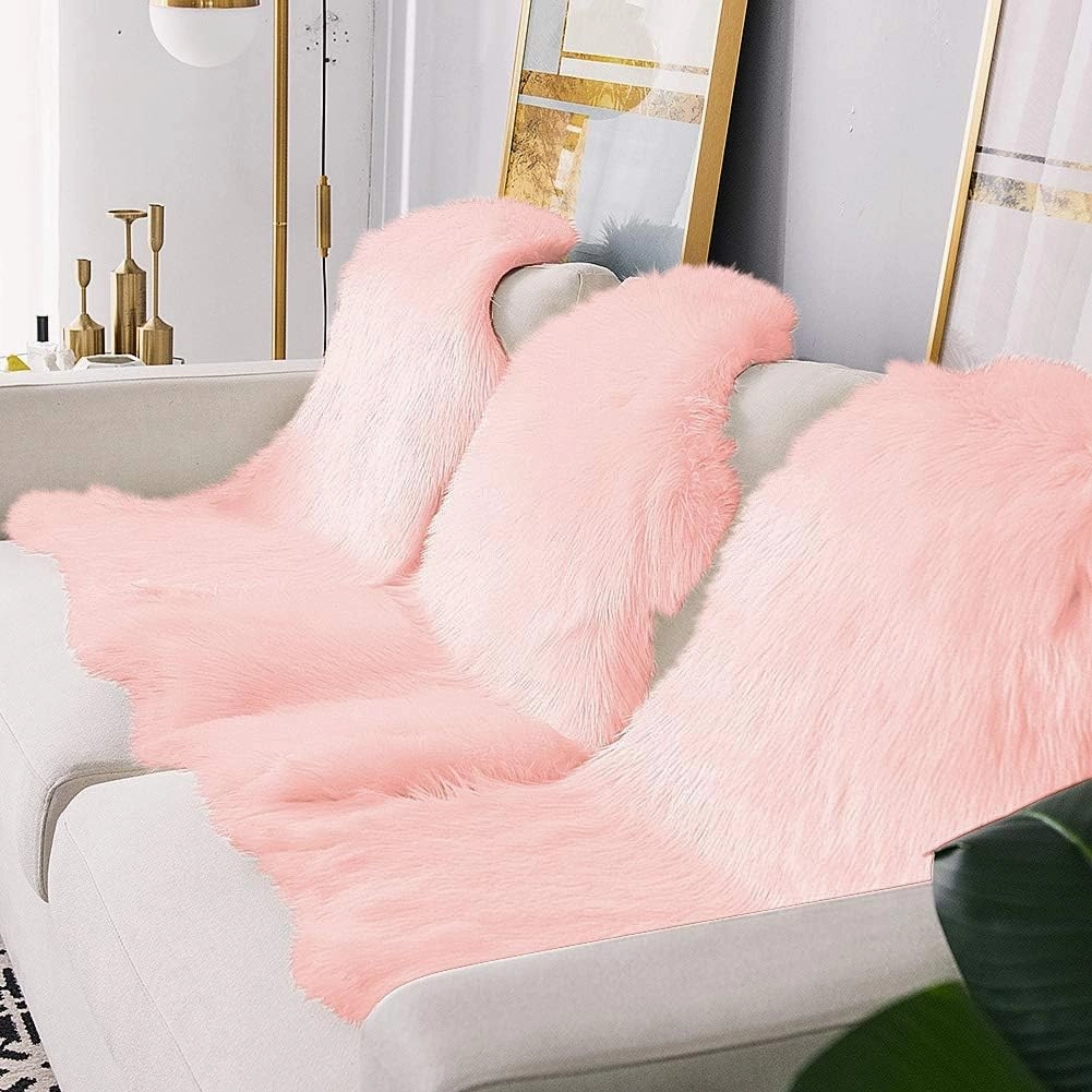 Carvapet Luxury Soft Faux Sheepskin Chair Cover Seat Cushion Pad Plush Fur Area Rugs for Bedroom, 2ft x 3ft, Pink…