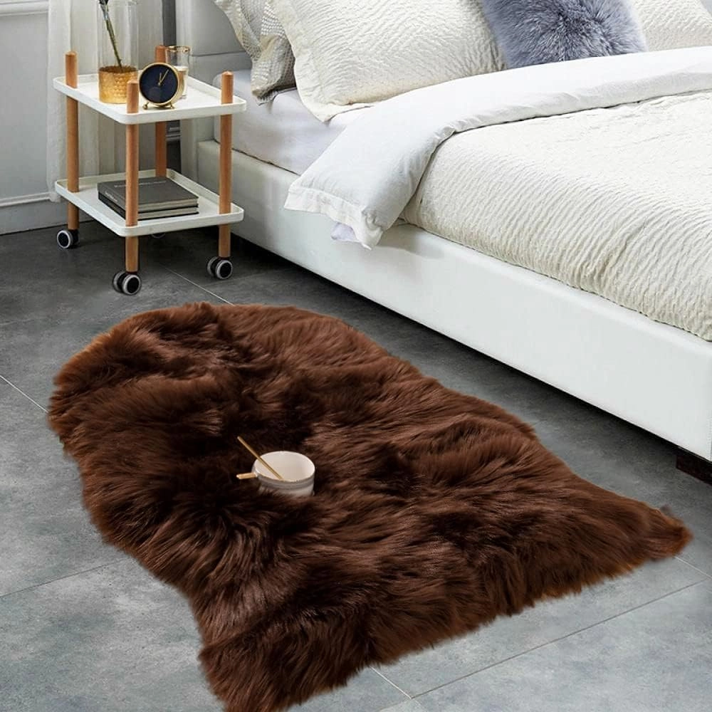 Carvapet Luxury Soft Faux Sheepskin Chair Cover Seat Pad Plush Fur Area Rugs for Bedroom, 2ft x 3ft,Brown