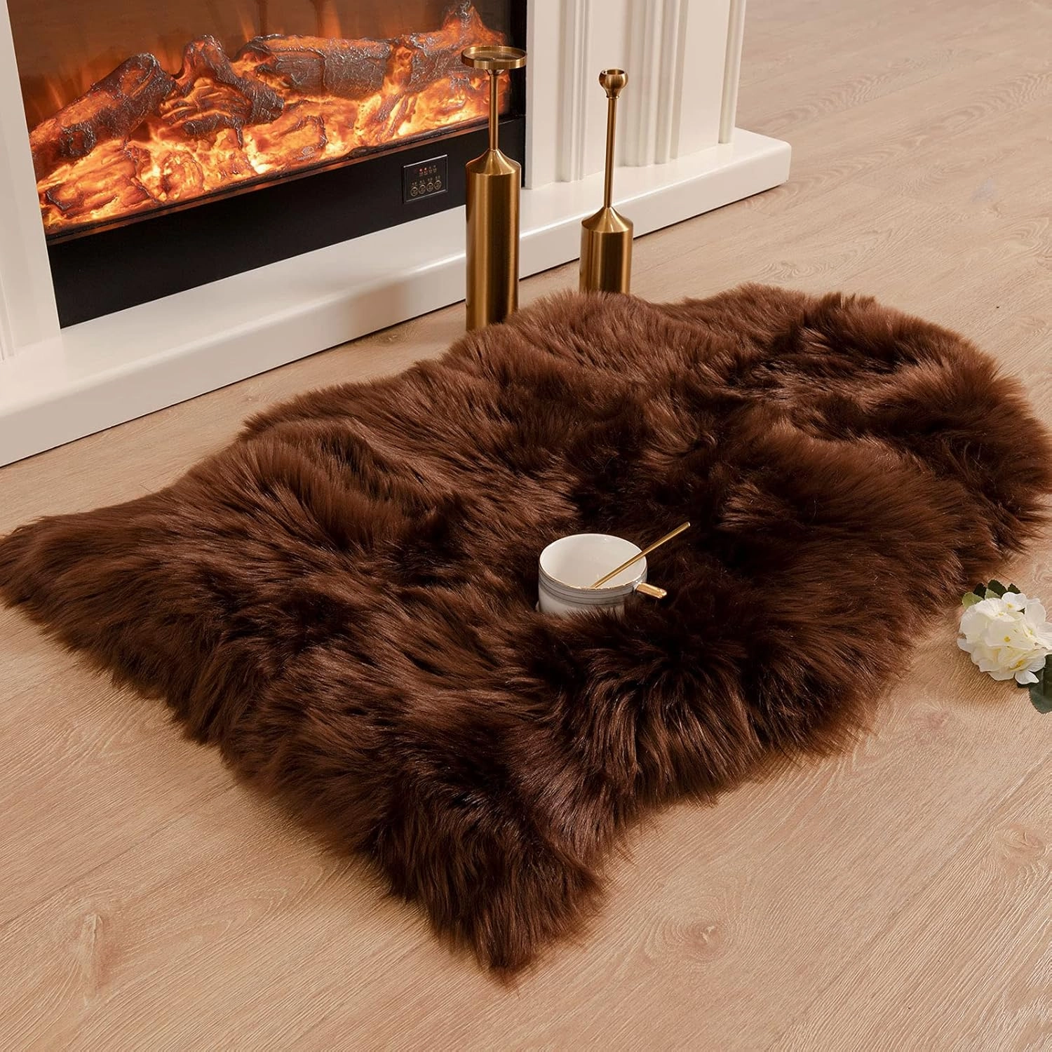 Carvapet Luxury Soft Faux Sheepskin Chair Cover Seat Pad Plush Fur Area Rugs for Bedroom, 2ft x 3ft,Brown