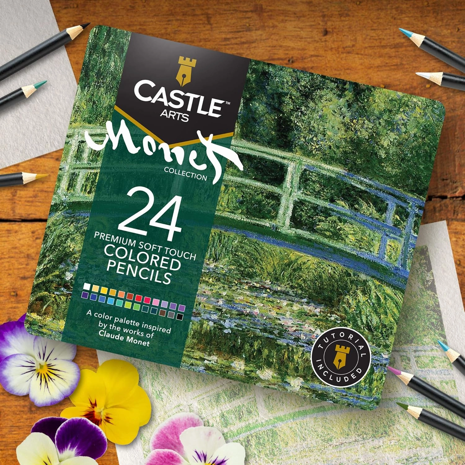 Castle Arts Themed 24 Coloured Pencil Set in Tin Box, perfect ‘Monet’ inspired colours. Featuring quality, smooth coloured cores, superior blending & layering performance achieving great results