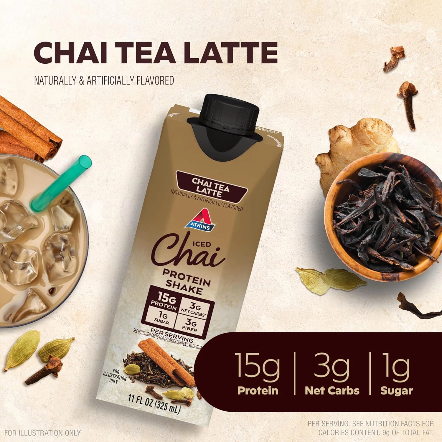 Chai Tea Latte Protein Shake, 15g Protein, Low Glycemic, 3g Net Carb, 1g Sugar, Keto Friendly , Set of three 4-pack