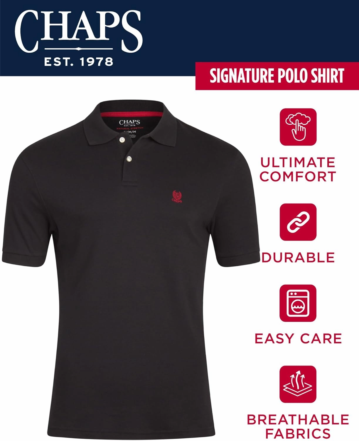 Chaps Men's Polo Shirt - Classic Fit Short Sleeve 2-Button Double Knit Cotton Polo Shirt (S-XL)