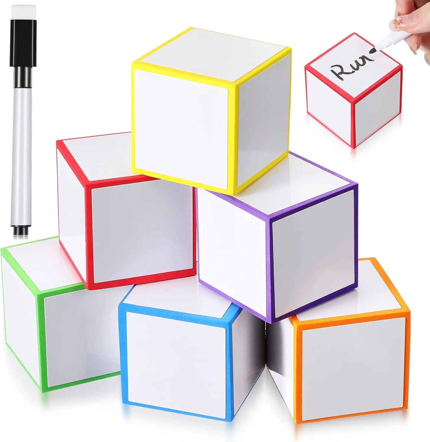 Charniol 7 Pcs Dry Erase Blocks Foam Blank Dry Erase Dice 2 x 2 x 2 Inch Cubes with Marker for Game Classroom School Supplies