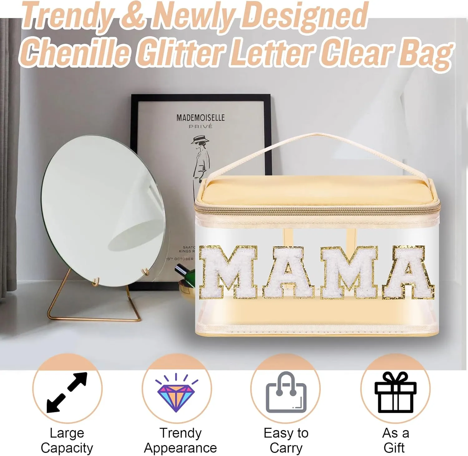 Chenille Letter Clear Makeup Bags Mama Pouch, Preppy Patch Makeup Bag Zipper with Handle, Transparent PVC & Nylon Waterproof Glitter Cosmetic Handbag Travel Toiletry Storage for Women Girl(MAMA-Beige)