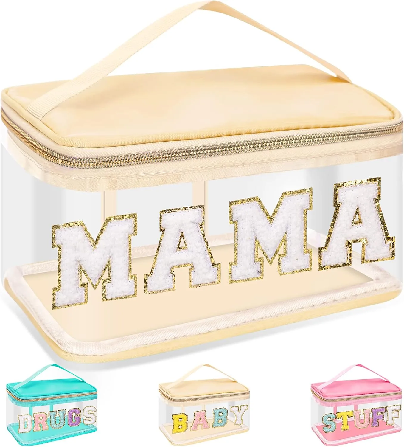 Chenille Letter Clear Makeup Bags Mama Pouch, Preppy Patch Makeup Bag Zipper with Handle, Transparent PVC & Nylon Waterproof Glitter Cosmetic Handbag Travel Toiletry Storage for Women Girl(MAMA-Beige)