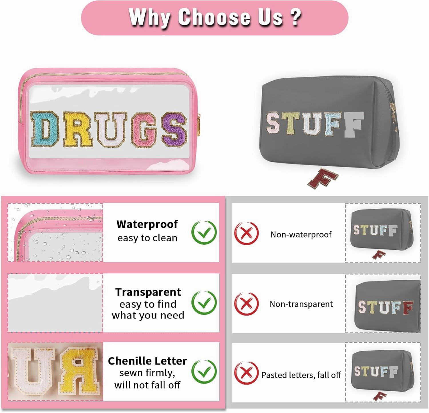 Chenille Letter Bag Clear MEDS Makeup Pouch, Waterproof Portable Medicine Bag for Traveling Preppy Small Meds Bag Zipper Pouch, Nylon Cute Drugs Medicine Organizer Bag for Patient Nurse(DRUGS-Pink)