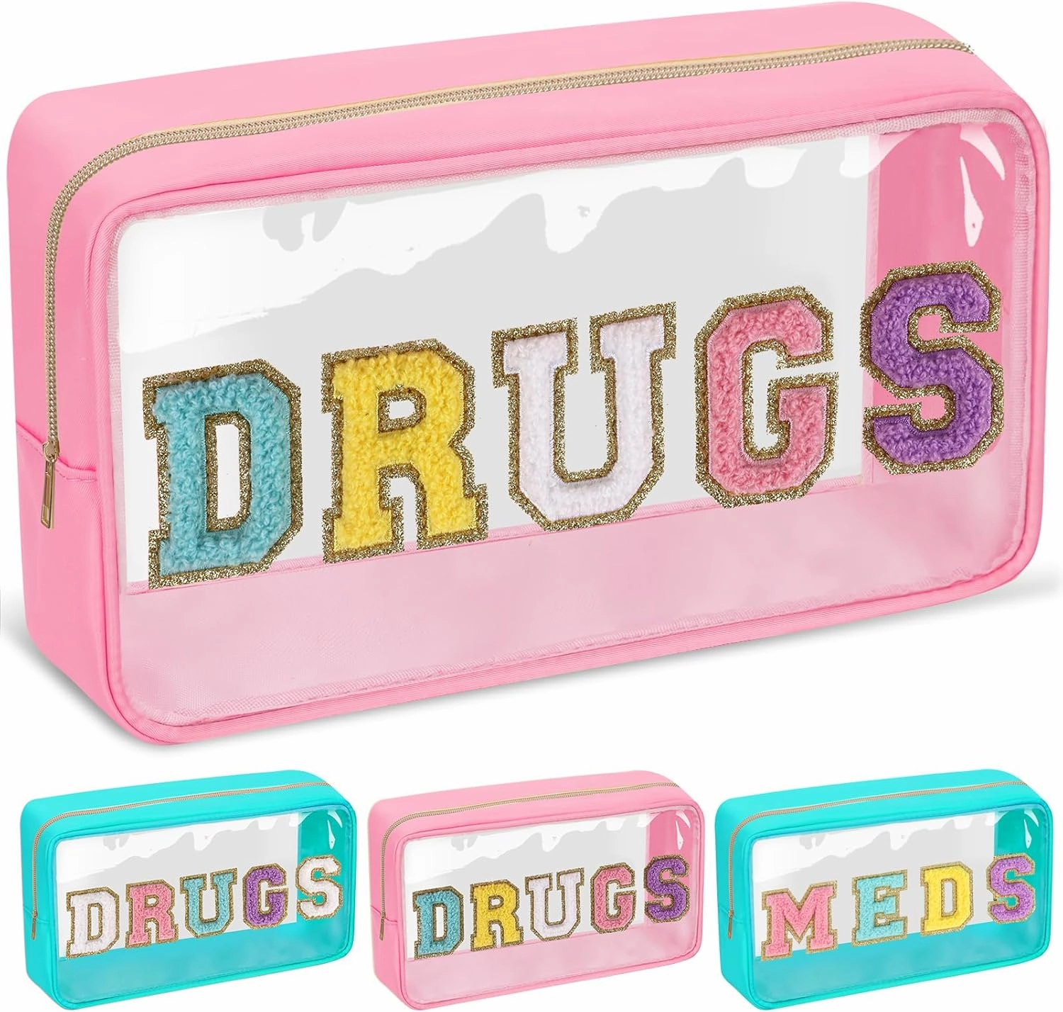 Chenille Letter Bag Clear MEDS Makeup Pouch, Waterproof Portable Medicine Bag for Traveling Preppy Small Meds Bag Zipper Pouch, Nylon Cute Drugs Medicine Organizer Bag for Patient Nurse(DRUGS-Pink)
