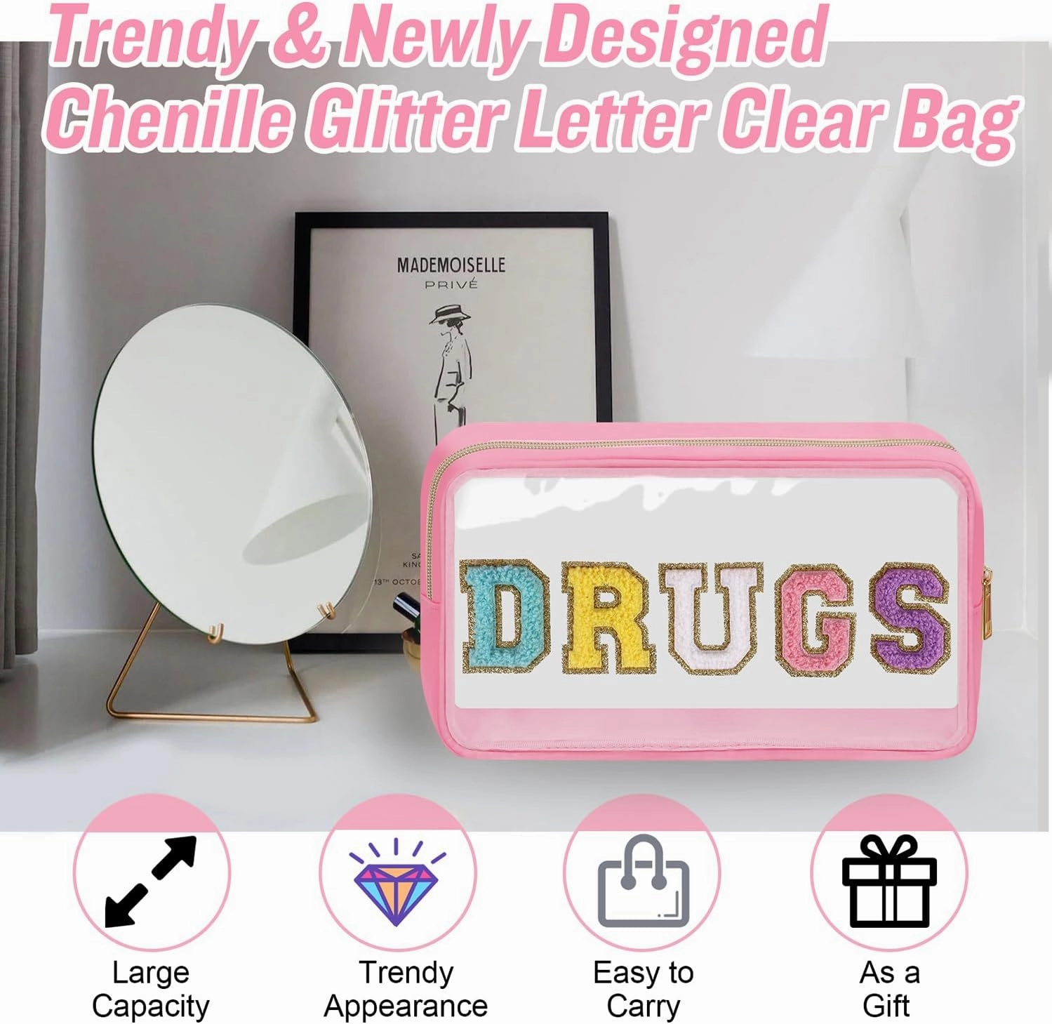 Chenille Letter Bag Clear MEDS Makeup Pouch, Waterproof Portable Medicine Bag for Traveling Preppy Small Meds Bag Zipper Pouch, Nylon Cute Drugs Medicine Organizer Bag for Patient Nurse(DRUGS-Pink)