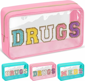 Chenille Letter Bag Clear MEDS Makeup Pouch, Waterproof Portable Medicine Bag for Traveling Preppy Small Meds Bag Zipper Pouch, Nylon Cute Drugs Medicine Organizer Bag for Patient Nurse(DRUGS-Pink)