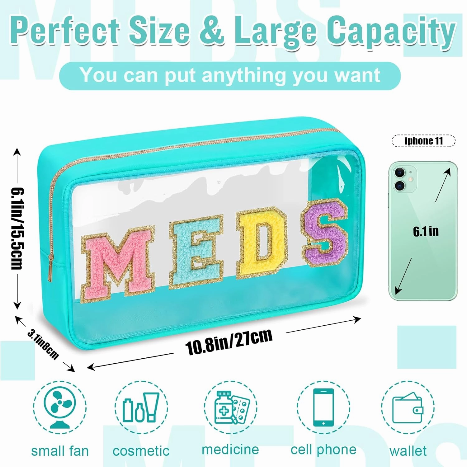 Chenille Letter Bag, Preppy Cute Small Medicine Pouch, Green Nylon Waterproof Portable Zipper Pouch, MEDS Storage Organizer for Patient Nurse