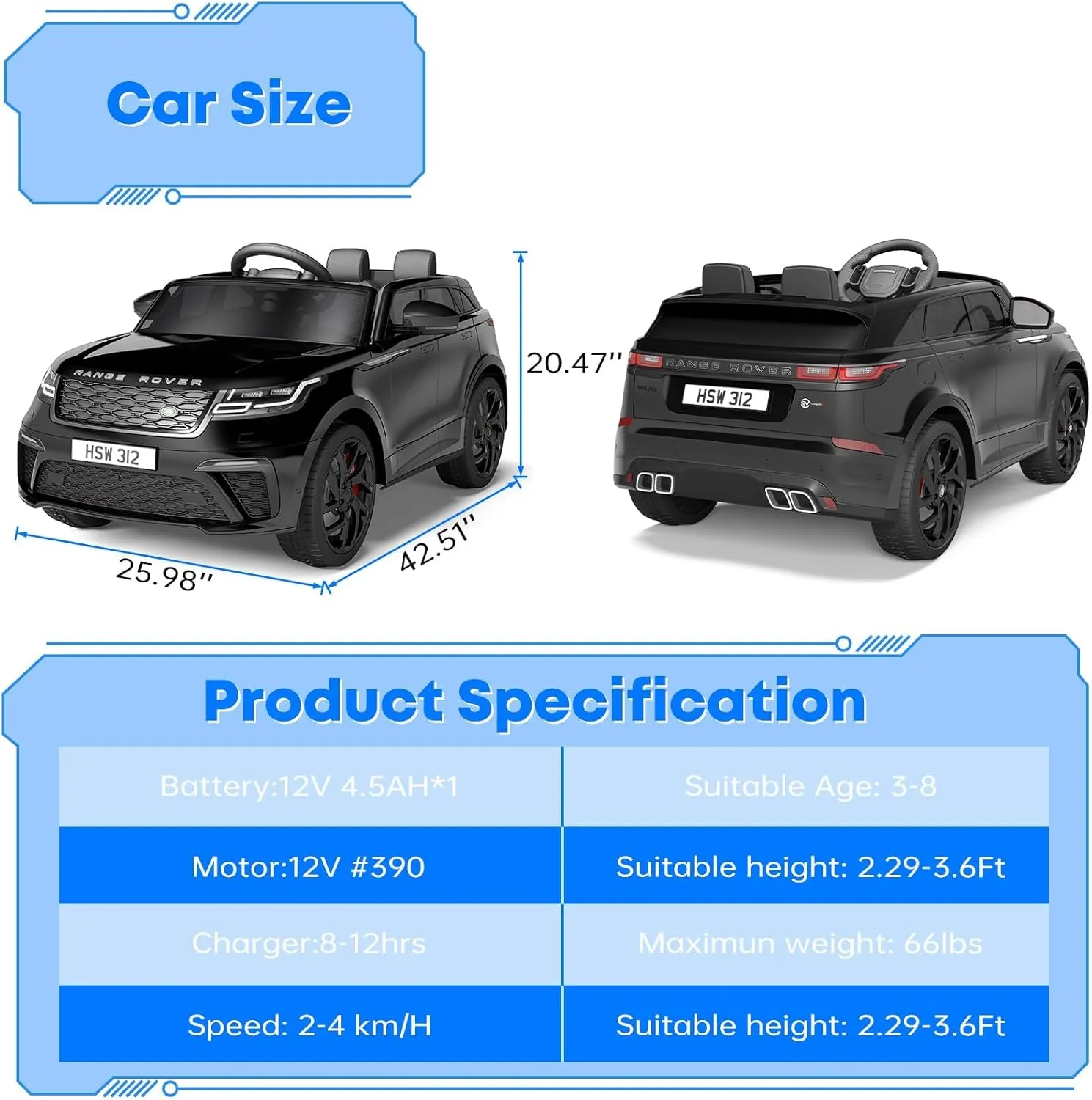 Children's 12V Sit-On Toy Car, Land Rover Authorized Children's Electric Car, with Parent Remote Control, MP3 Player, Rocking Chair and Pull Bar, Suitable for Children Aged 3 Years and Above