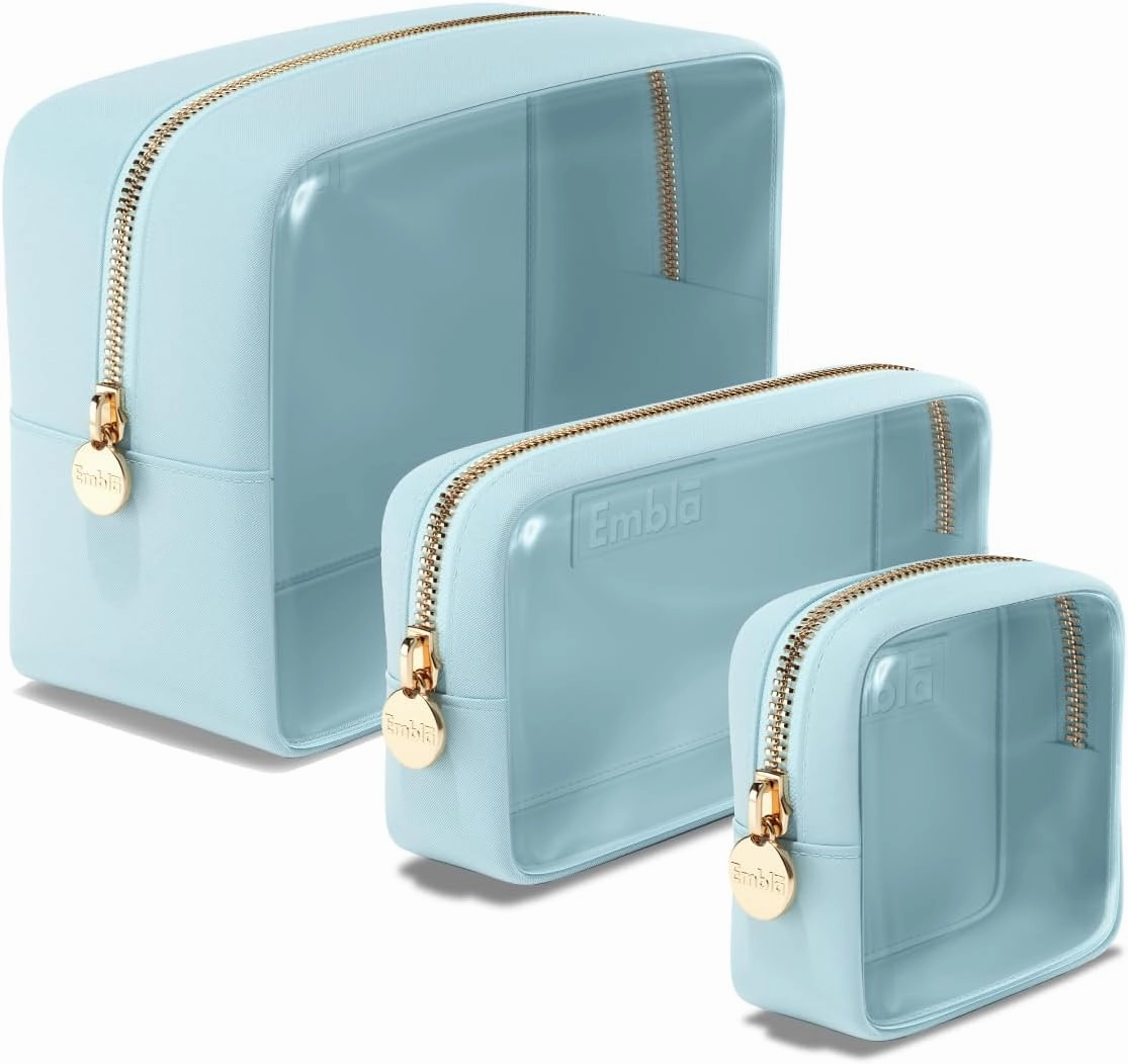 Clear Cosmetic Bags Set of 3, Mini Small Large Makeup Bags For Women Clear Pouch Cosmetics Cases Zipper Cute Pouches Make Up Travel Toiletry Essentials Preppy Purse Organizer Makeup Cases, Sky