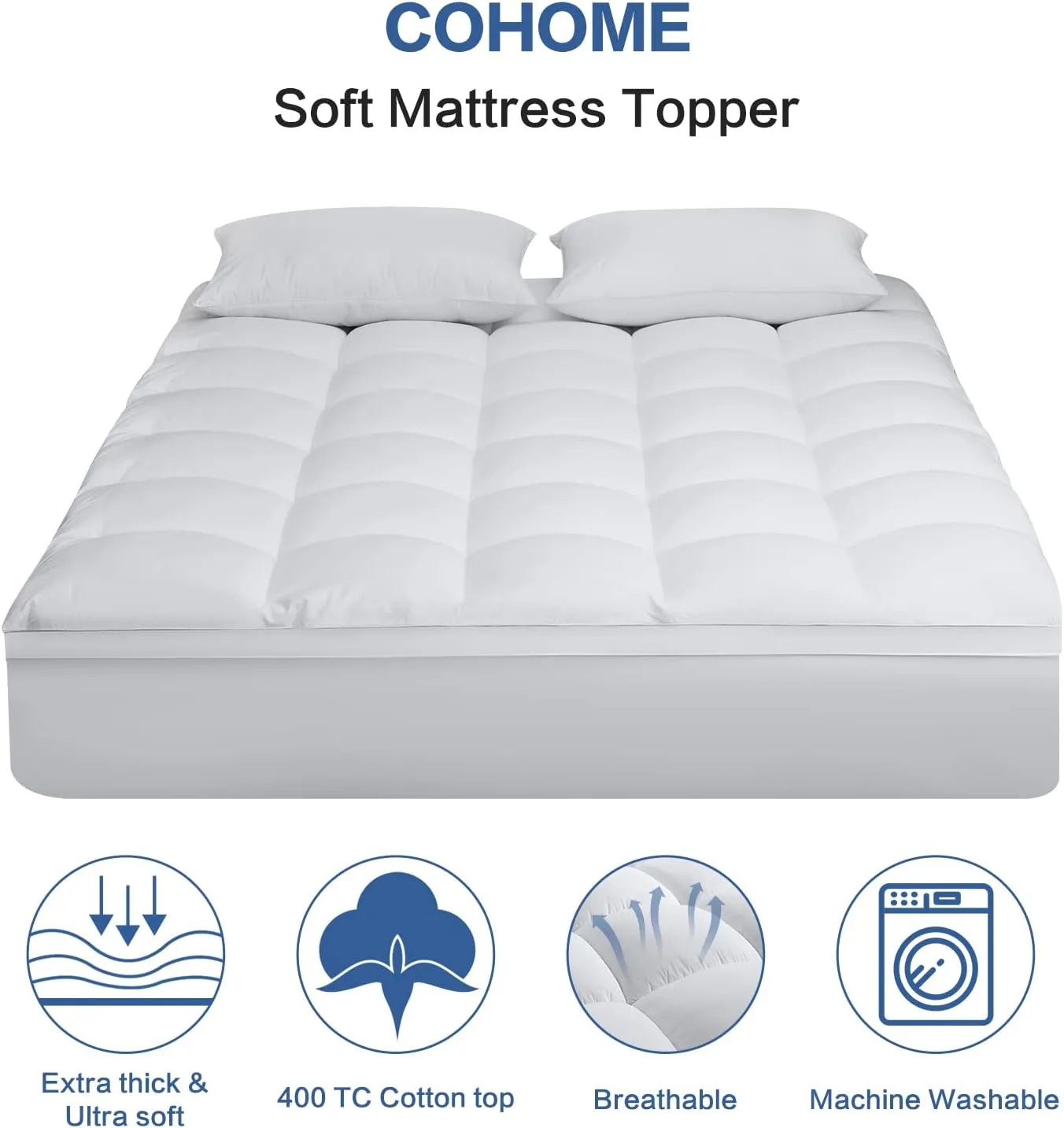 COHOME Queen Size Mattress Topper Extra Thick Cooling Mattress Pad 400TC Cotton Top Plush Down Alternative Fill Pillow Top Mattress Cover with 8-21 Inch Deep Pocket (60x80 Inches, White-Classic)