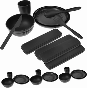 Compact Food Bowl Black Tableware Set 28pcs Camping Dishes Utensils Party Dinnerware Reusable