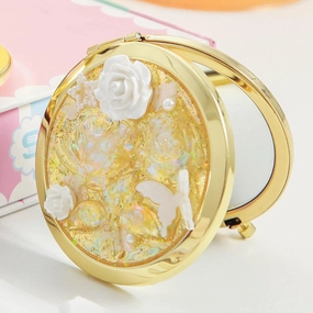Compact Mirror Hand-Set Iridescent Rose and Butterfly, 1x/2x Magnification Small Mirror Girl's Travel Makeup Mirror (Gold)