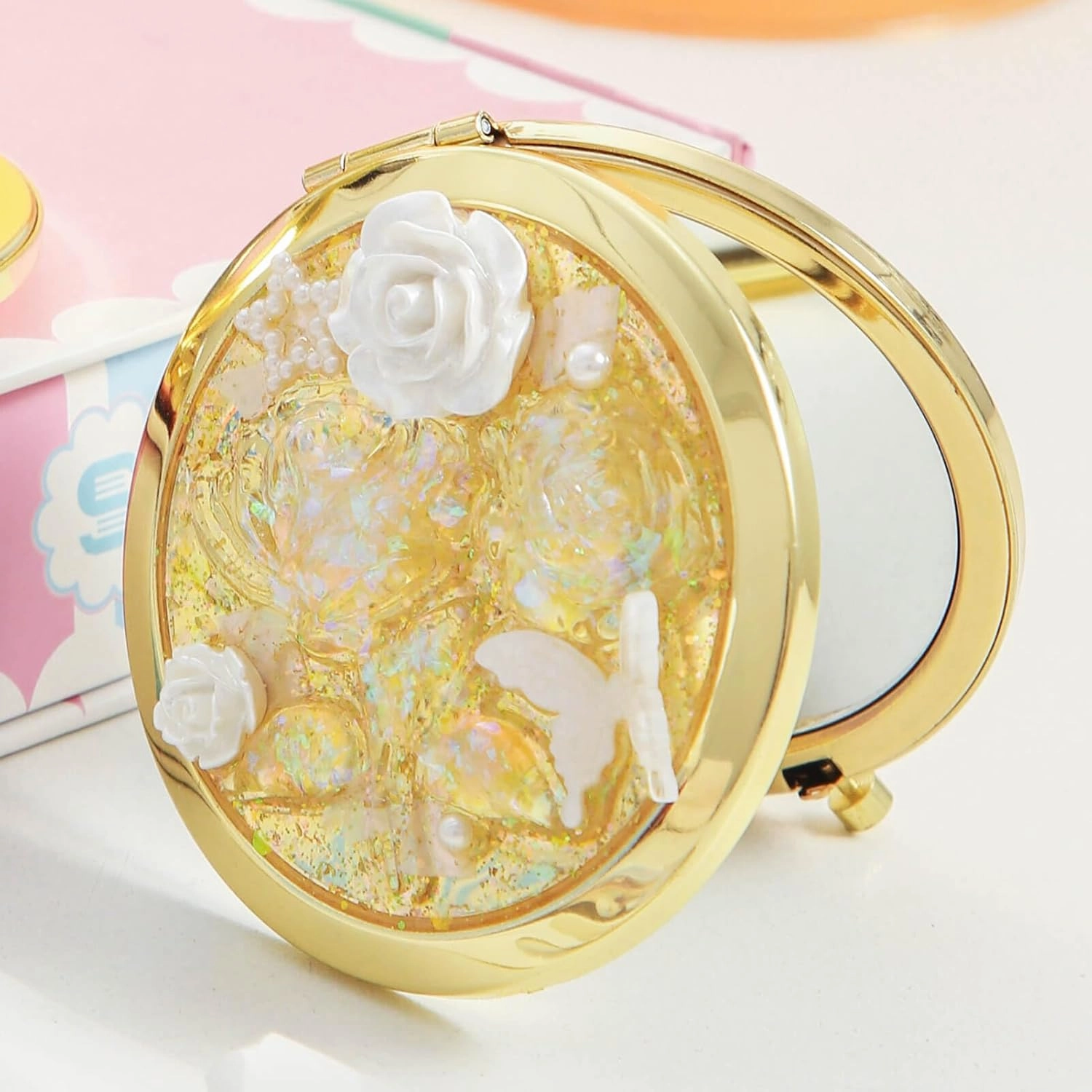 Compact Mirror Hand-Set Iridescent Rose and Butterfly, 1x/2x Magnification Small Mirror Girl's Travel Makeup Mirror (Gold)