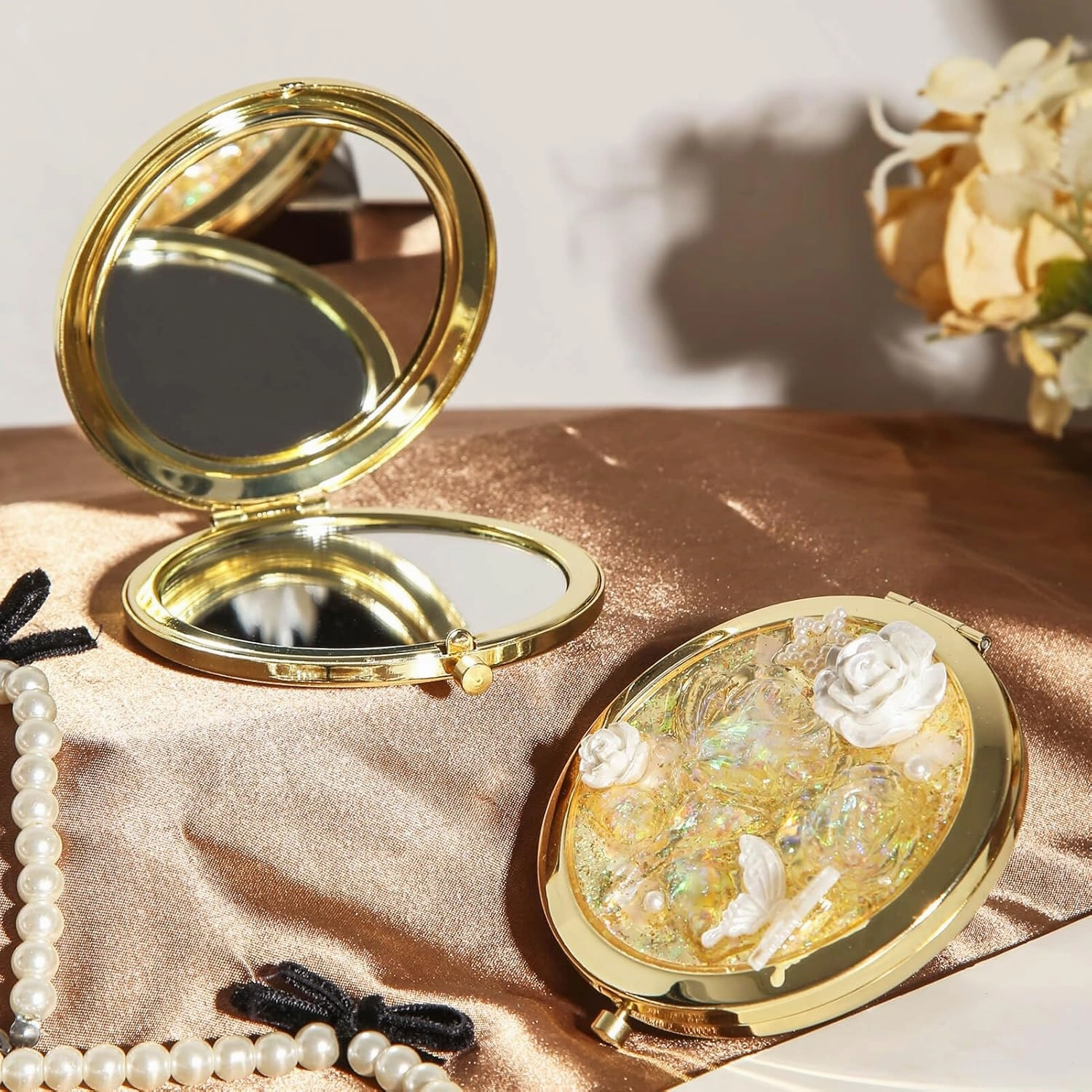 Compact Mirror Hand-Set Iridescent Rose and Butterfly, 1x/2x Magnification Small Mirror Girl's Travel Makeup Mirror (Gold)