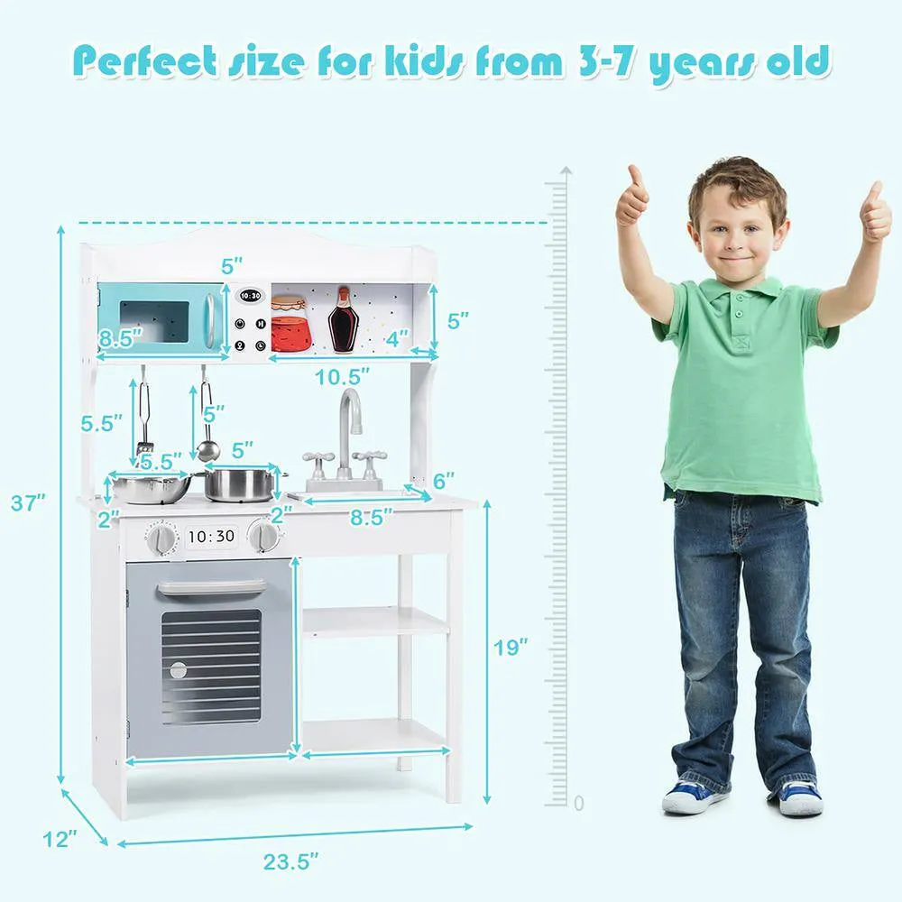 Contemporary Solid Wood Kids Kitchen Playset with Pots and Pans in White