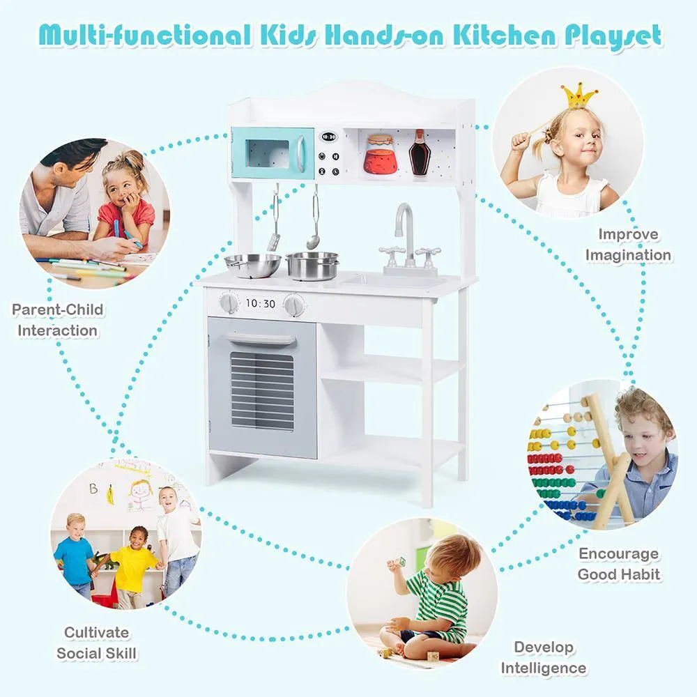 Contemporary Solid Wood Kids Kitchen Playset with Pots and Pans in White