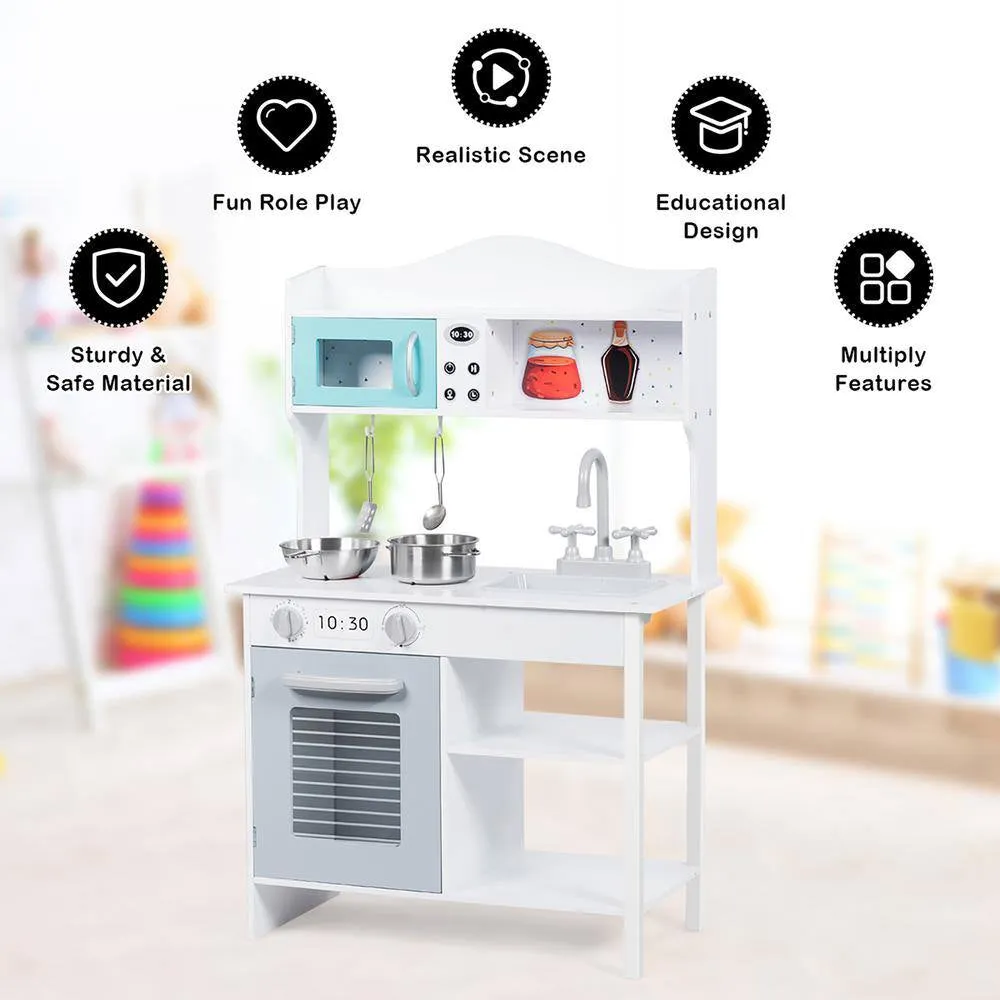 Contemporary Solid Wood Kids Kitchen Playset with Pots and Pans in White