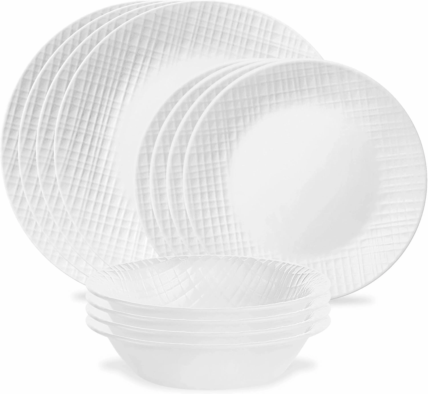 Corelle Linen Weave 12pc, Service for 4, Dinnerware Set, 8 plates 4 bowls, Chip & Break Resistant, Dinner Corelleware Plates