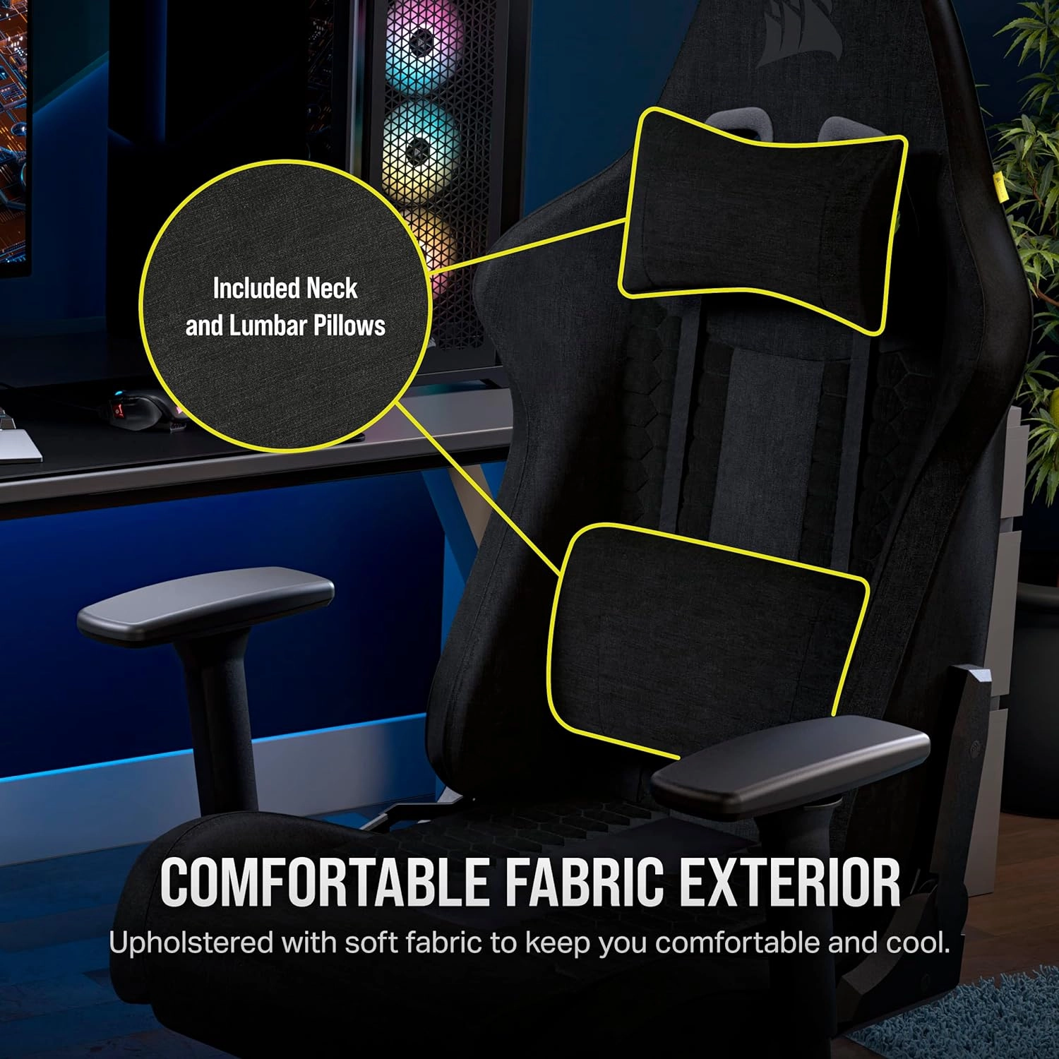 Corsair TC100 Relaxed Gaming Chair - Fabric - Racing-Inspired Design - Lumbar Pillow - Detachable Memory Foam Neck Pillow - Adjustable Seat Height - Adjustable Armrests - Black