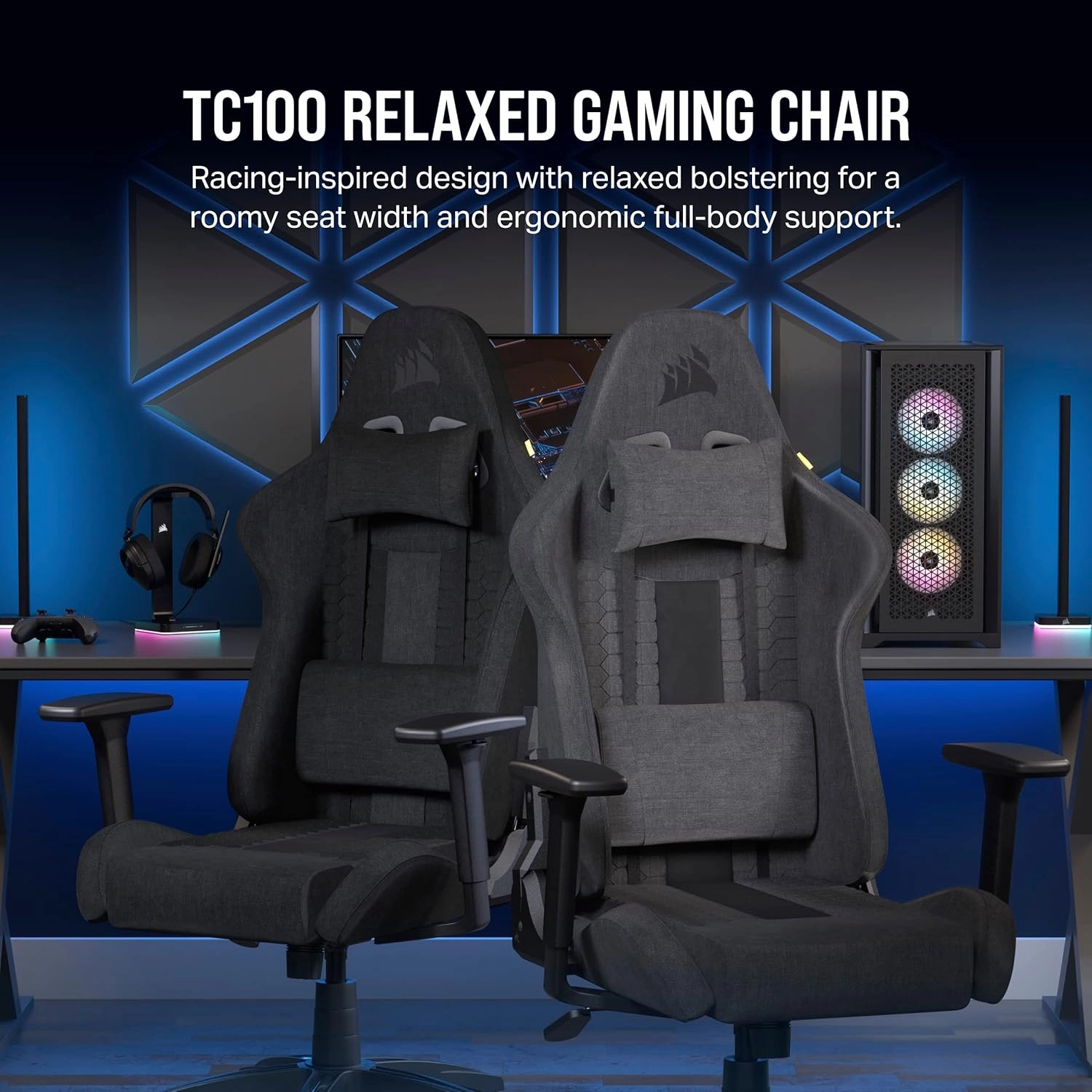Corsair TC100 Relaxed Gaming Chair - Fabric - Racing-Inspired Design - Lumbar Pillow - Detachable Memory Foam Neck Pillow - Adjustable Seat Height - Adjustable Armrests - Black