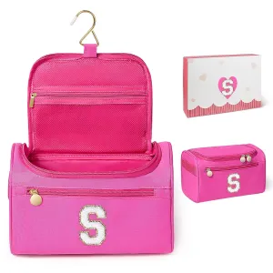 COSHAYSOO Useful Birthday Gifts for Women Best Friends Initial Hanging Toiletry Bag Waterproof Travel Makeup Cosmetic Pouch Airplane Cruise Ship Car Traveling Accessories Essentials Hot Pink Letter S