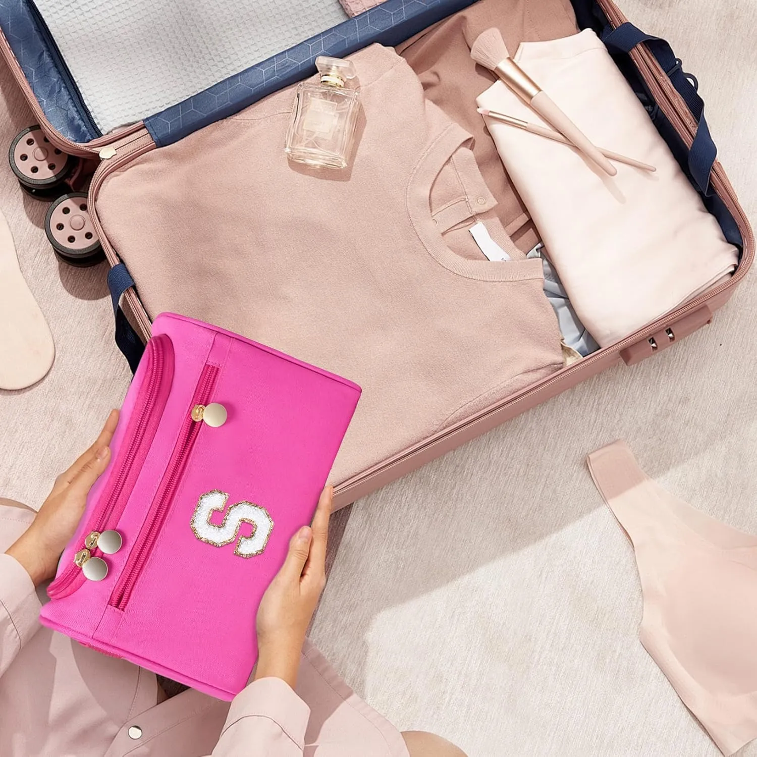 COSHAYSOO Useful Birthday Gifts for Women Best Friends Initial Hanging Toiletry Bag Waterproof Travel Makeup Cosmetic Pouch Airplane Cruise Ship Car Traveling Accessories Essentials Hot Pink Letter S
