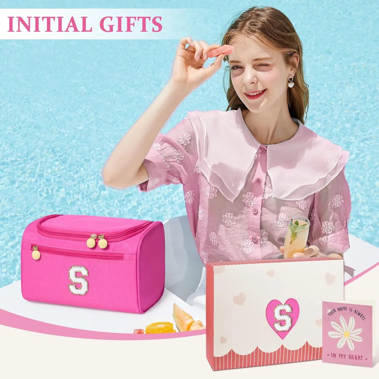 COSHAYSOO Useful Birthday Gifts for Women Best Friends Initial Hanging Toiletry Bag Waterproof Travel Makeup Cosmetic Pouch Airplane Cruise Ship Car Traveling Accessories Essentials Hot Pink Letter S