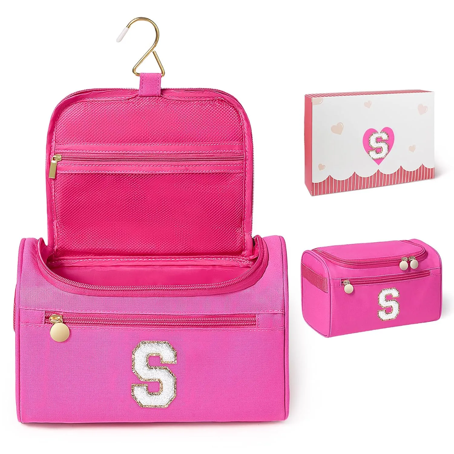 COSHAYSOO Useful Birthday Gifts for Women Best Friends Initial Hanging Toiletry Bag Waterproof Travel Makeup Cosmetic Pouch Airplane Cruise Ship Car Traveling Accessories Essentials Hot Pink Letter S